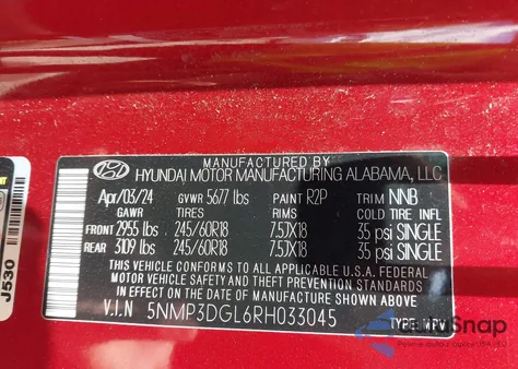 2024 Hyundai Santa Fe Xrt from USA, damaged, VIN 5NMP3DGL6RH033045